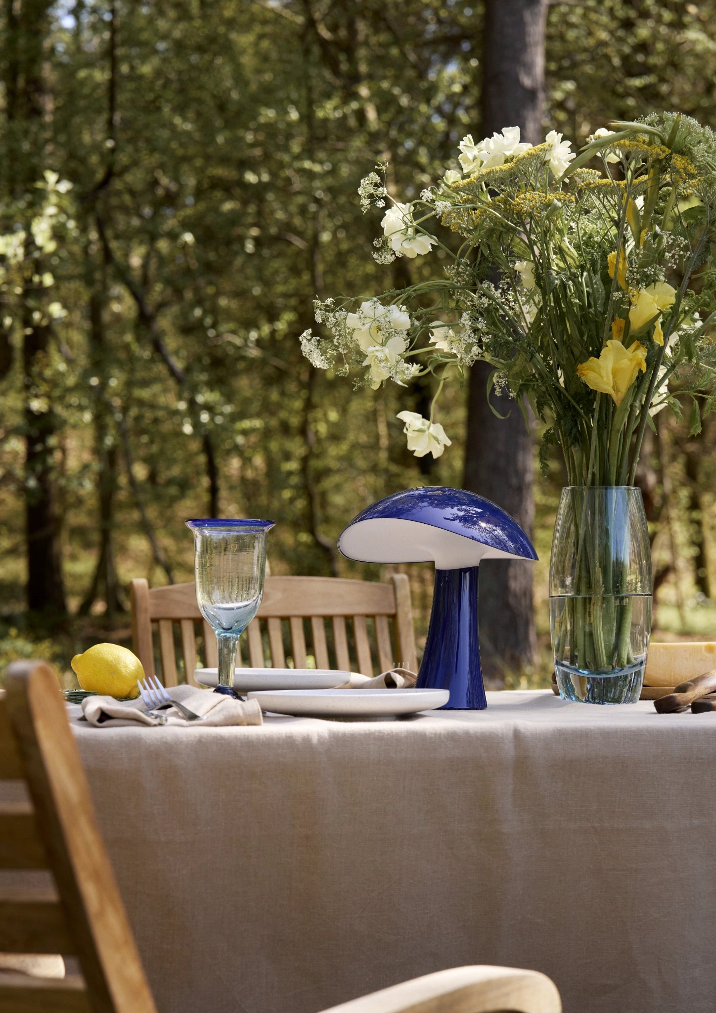 Rumee 220 Baladeuses et nomades bleu sur une table de jardin